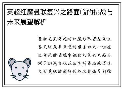 英超红魔曼联复兴之路面临的挑战与未来展望解析